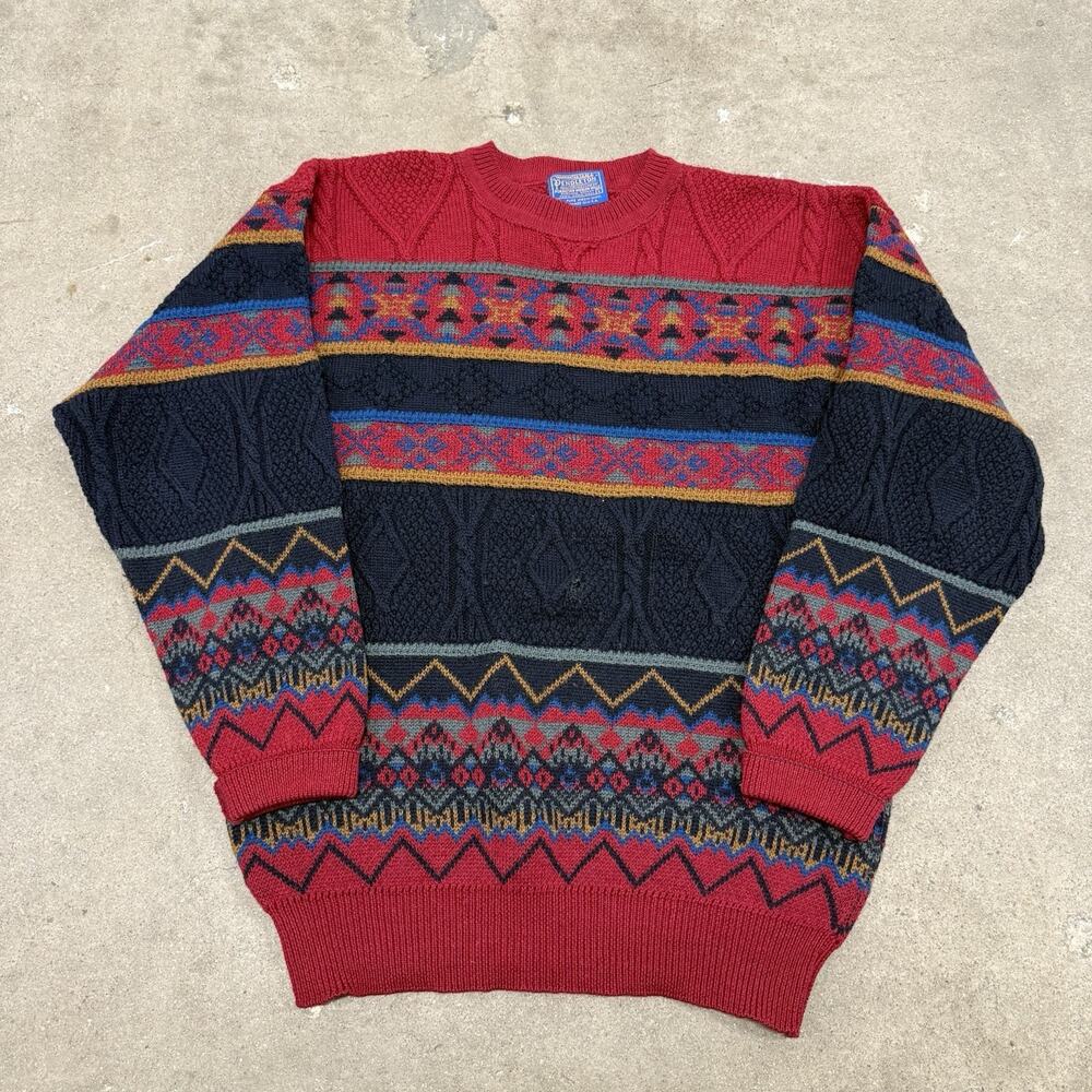 VINTAGE PENDLETON 3D MULTICOLOR CHUNKY PURE VIRGIN WOOL SWEATER USA LARGE